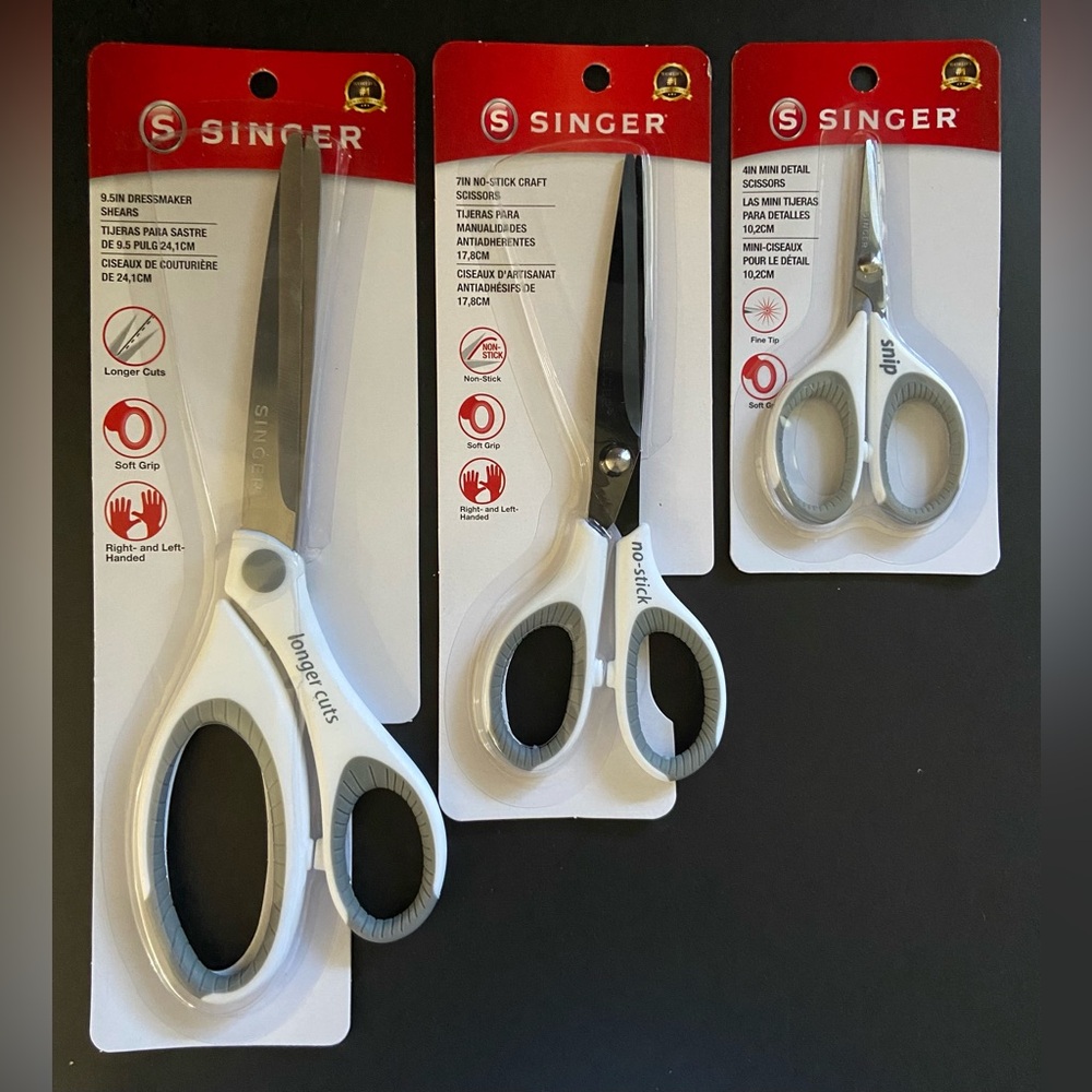 SINGER 3pc Comfort-Grip White and Gray Scissors Set - NEW in package